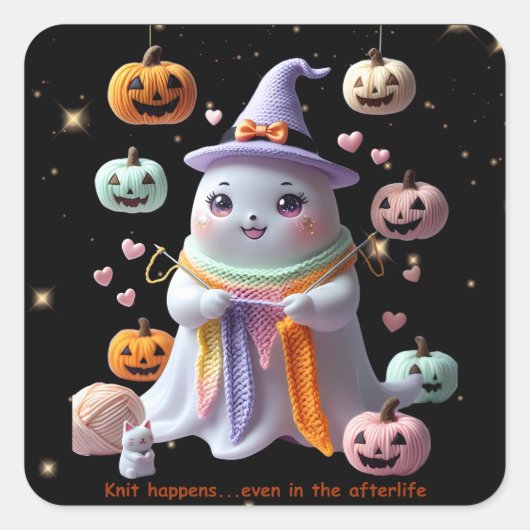 *かわいい幽霊編み物シール – かわいいハロウィーンGi スクエアシール (正面)