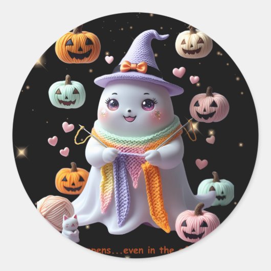 *かわいい幽霊編み物シール – かわいいハロウィーンGi ラウンドシール (正面)