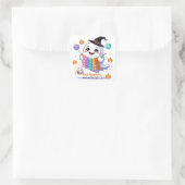 かわいい幽霊編み物ステッカー – かわいいハロウィーンGif スクエアシール (バッグ)