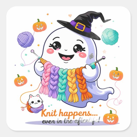 かわいい幽霊編み物ステッカー – かわいいハロウィーンGif スクエアシール (正面)