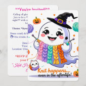 かわいい幽霊編み物ハロウィーン招待状ステッカー 招待状 (正面/裏面)