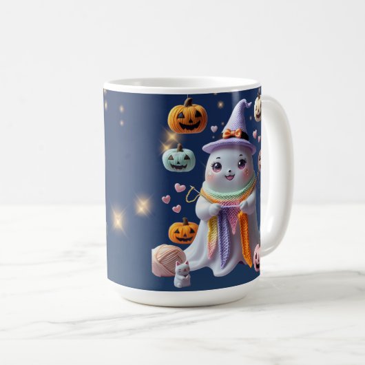 かわいい幽霊編み物マグ – かわいいハロウィーンギフトfor コーヒーマグカップ (正面右)