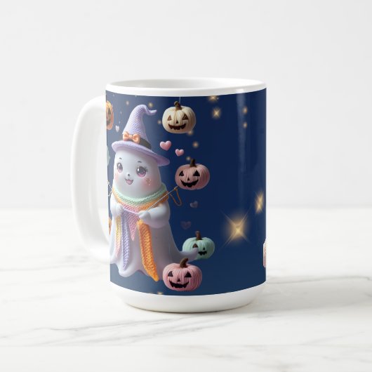 かわいい幽霊編み物マグ – かわいいハロウィーンギフトfor コーヒーマグカップ (正面左)