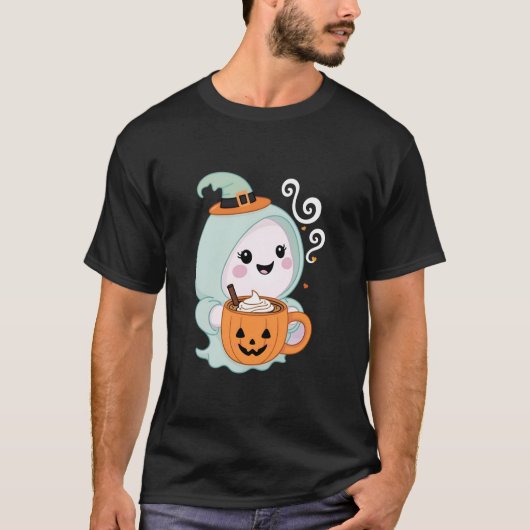 かわいい幽霊飲みカボチャラテ幽霊ホール Tシャツ (正面)