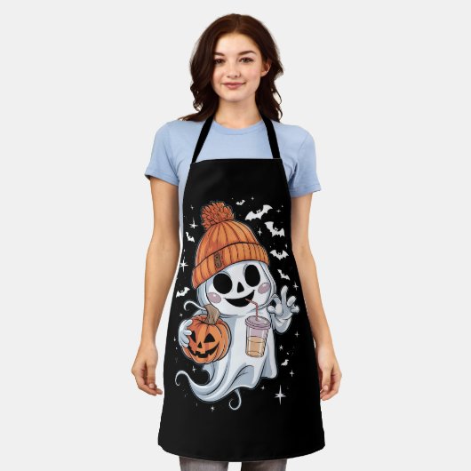 かわいい幽霊飲みコーヒーハロウィンアイスコーヒー エプロン (着用した状態)