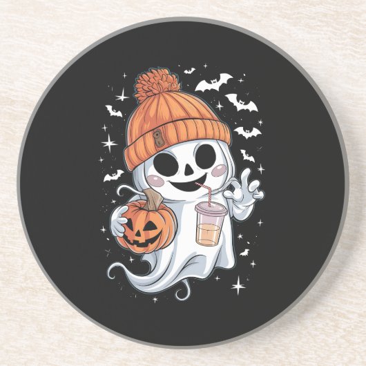 かわいい幽霊飲みコーヒーハロウィンアイスコーヒー コースター (正面)