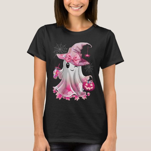 かわいい幽霊飲みコーヒーハロウィンアイスコーヒー Tシャツ (正面)