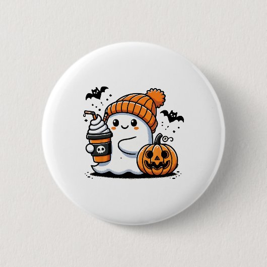 かわいい幽霊飲みコーヒーハロウィンコーヒー愛好家 缶バッジ (正面)