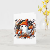 かわいい幽霊飲みコーヒーハロウィーンテーマ 不気味 カード (黄色い花)