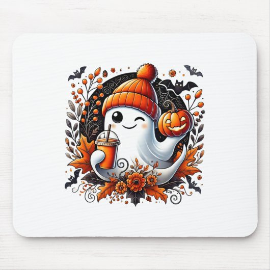 かわいい幽霊飲みコーヒーハロウィーンテーマ 不気味 マウスパッド (正面)