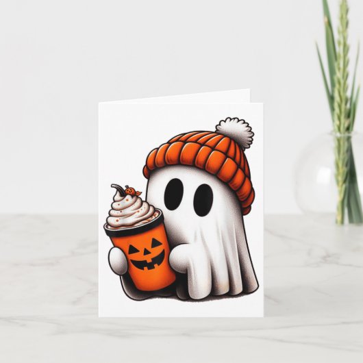 かわいい幽霊飲みコーヒーハロウィーン幽霊アイスコーフ カード (正面)