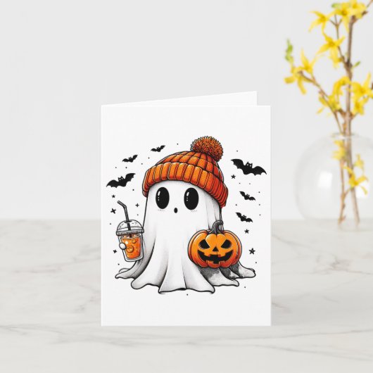 かわいい幽霊飲みコーヒーハロウィーン幽霊アイスコーフ カード (黄色い花)