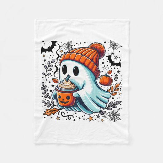 かわいい幽霊飲みコーヒーハロウィーン幽霊アイスコーフ フリースブランケット (正面)