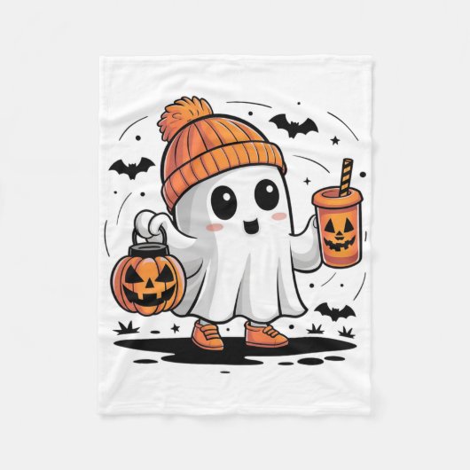 かわいい幽霊飲みコーヒーハロウィーン幽霊アイスコーフ フリースブランケット (正面)