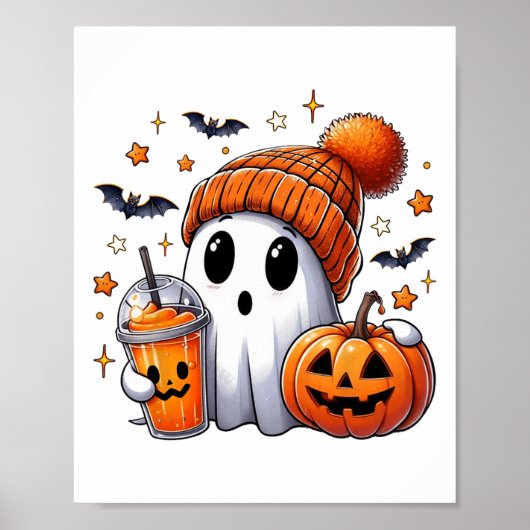 かわいい幽霊飲みコーヒーハロウィーン幽霊アイスコーフ ポスター (正面)