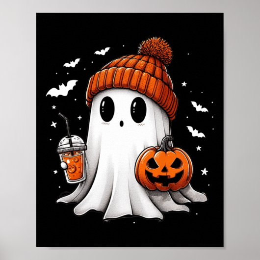 かわいい幽霊飲みコーヒーハロウィーン幽霊アイスコーフ ポスター (正面)