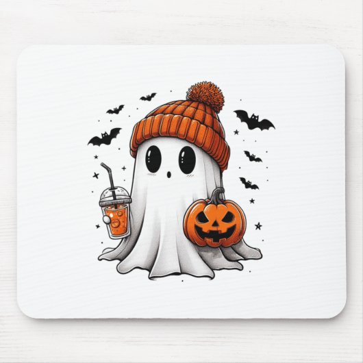 かわいい幽霊飲みコーヒーハロウィーン幽霊アイスコーフ マウスパッド (正面)