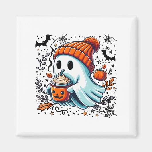 かわいい幽霊飲みコーヒーハロウィーン幽霊アイスコーフ マグネット (正面)