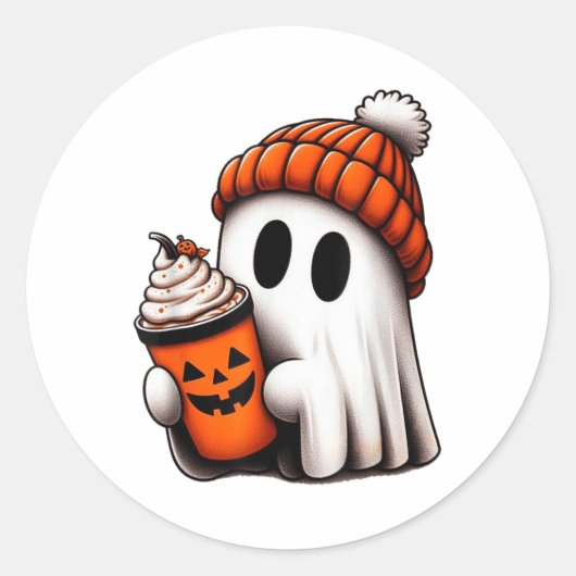 かわいい幽霊飲みコーヒーハロウィーン幽霊アイスコーフ ラウンドシール (正面)