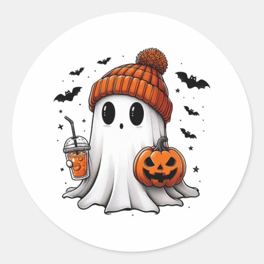 かわいい幽霊飲みコーヒーハロウィーン幽霊アイスコーフ ラウンドシール (正面)