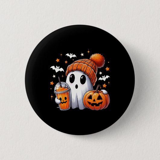 かわいい幽霊飲みコーヒーハロウィーン幽霊アイスコーフ 缶バッジ (正面)