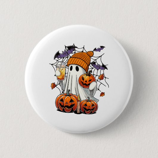 かわいい幽霊飲みコーヒーハロウィーン幽霊アイスコーフ 缶バッジ (正面)