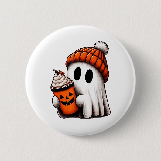 かわいい幽霊飲みコーヒーハロウィーン幽霊アイスコーフ 缶バッジ (正面)