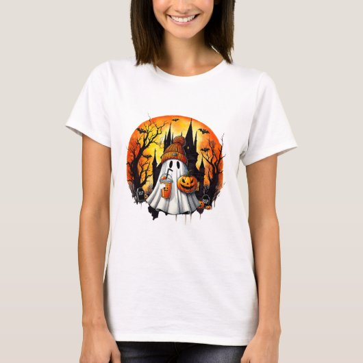 かわいい幽霊飲みコーヒーハロウィーン幽霊アイスコーフ Tシャツ (正面)