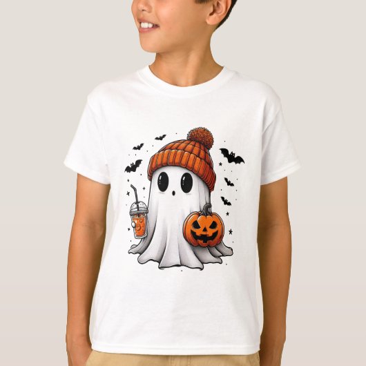 かわいい幽霊飲みコーヒーハロウィーン幽霊アイスコーフ Tシャツ (正面)