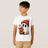 かわいい幽霊飲みコーヒーハロウィーン幽霊アイスコーフ Tシャツ (正面フル)