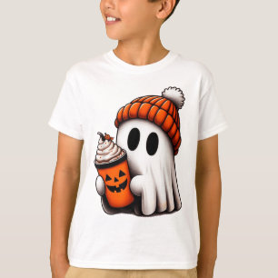 かわいい幽霊飲みコーヒーハロウィーン幽霊アイスコーフ Tシャツ
