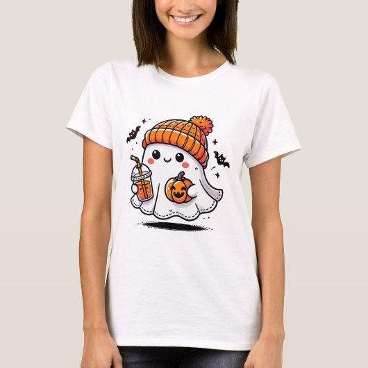 かわいい幽霊飲みコーヒーハロウィーン幽霊アイスコーフ Tシャツ (正面)