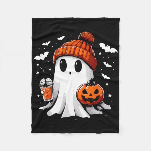 かわいい幽霊飲みコーヒーハロウィーン幽霊コーヒー フリースブランケット (正面)
