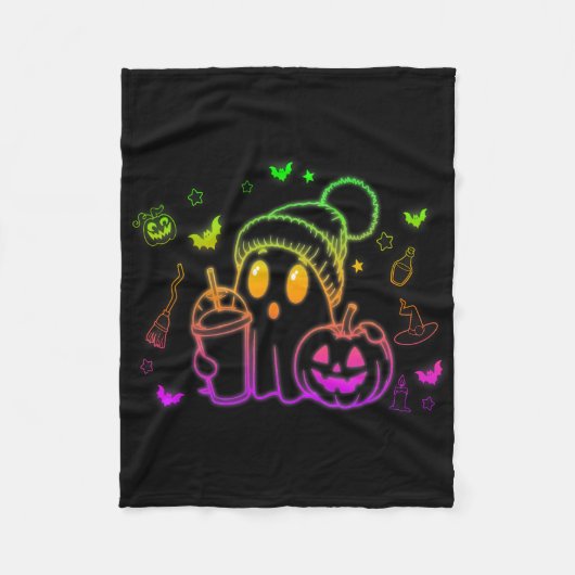 かわいい幽霊飲みコーヒーハロウィーン幽霊コーヒー フリースブランケット (正面)
