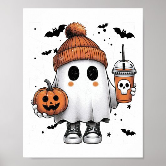 かわいい幽霊飲みコーヒーハロウィーン幽霊コーヒー ポスター (正面)