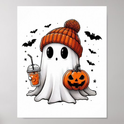 かわいい幽霊飲みコーヒーハロウィーン幽霊コーヒー ポスター (正面)