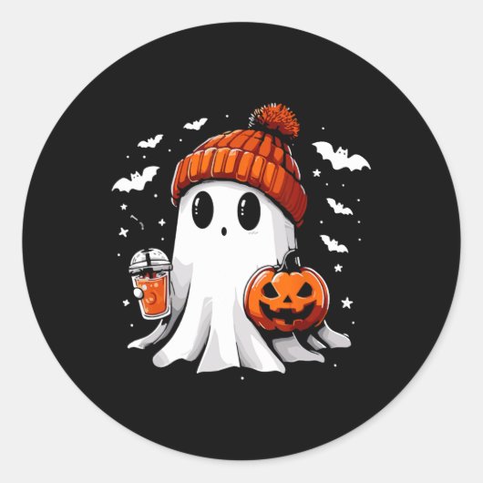 かわいい幽霊飲みコーヒーハロウィーン幽霊コーヒー ラウンドシール (正面)