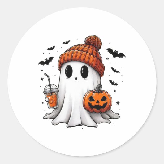 かわいい幽霊飲みコーヒーハロウィーン幽霊コーヒー ラウンドシール (正面)