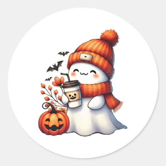 かわいい幽霊飲みコーヒーハロウィーン幽霊コーヒー ラウンドシール (正面)