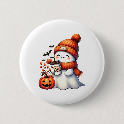 かわいい幽霊飲みコーヒーハロウィーン幽霊コーヒー 缶バッジ (正面)