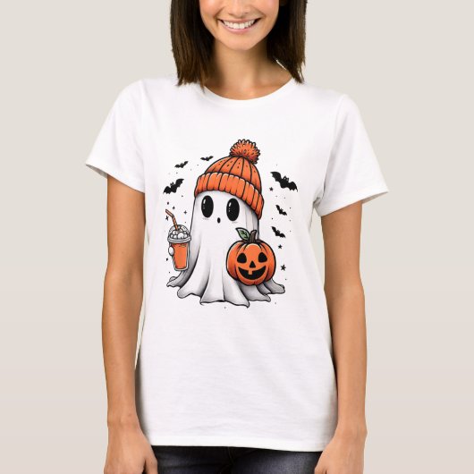 かわいい幽霊飲みコーヒーハロウィーン幽霊コーヒー Tシャツ (正面)