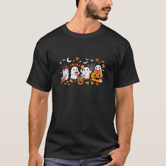 かわいい幽霊飲みコーヒーハロウィーン幽霊秋ボー Tシャツ (正面)