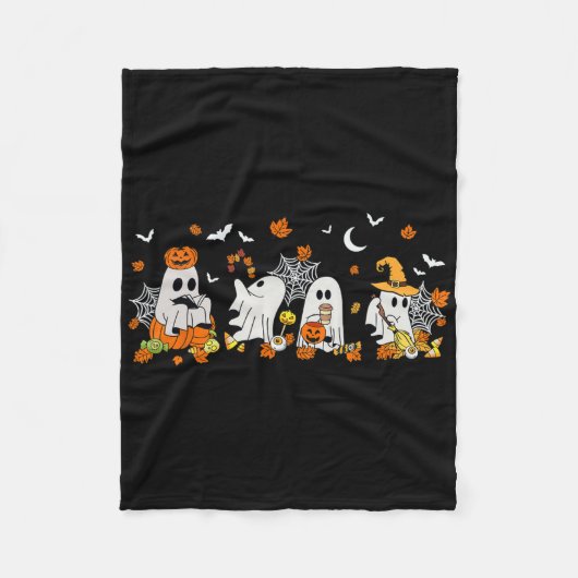 かわいい幽霊飲みコーヒーハロウィーン秋幽霊ボー フリースブランケット (正面)