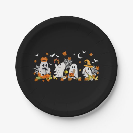 かわいい幽霊飲みコーヒーハロウィーン秋幽霊ボー ペーパープレート (正面)