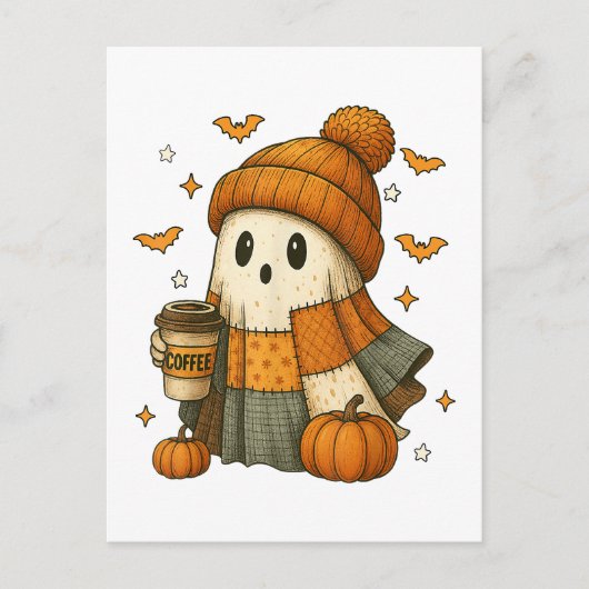 かわいい幽霊飲みコーヒーハロウィーン シーズンポストカード (正面)