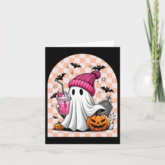 かわいい幽霊飲みコーヒー幽霊ハロウィン市松模様に カード (正面)