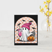 かわいい幽霊飲みコーヒー幽霊ハロウィン市松模様に カード (黄色い花)