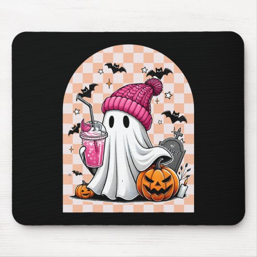 かわいい幽霊飲みコーヒー幽霊ハロウィン市松模様に マウスパッド (正面)