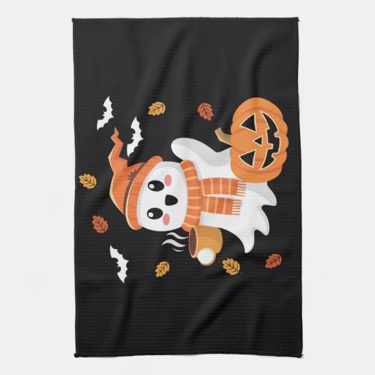 かわいい幽霊飲むアイスコーヒーハロウィーン キッチンタオル (縦)