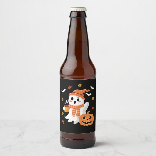 かわいい幽霊飲むアイスコーヒーハロウィーン ビールラベル (正面)